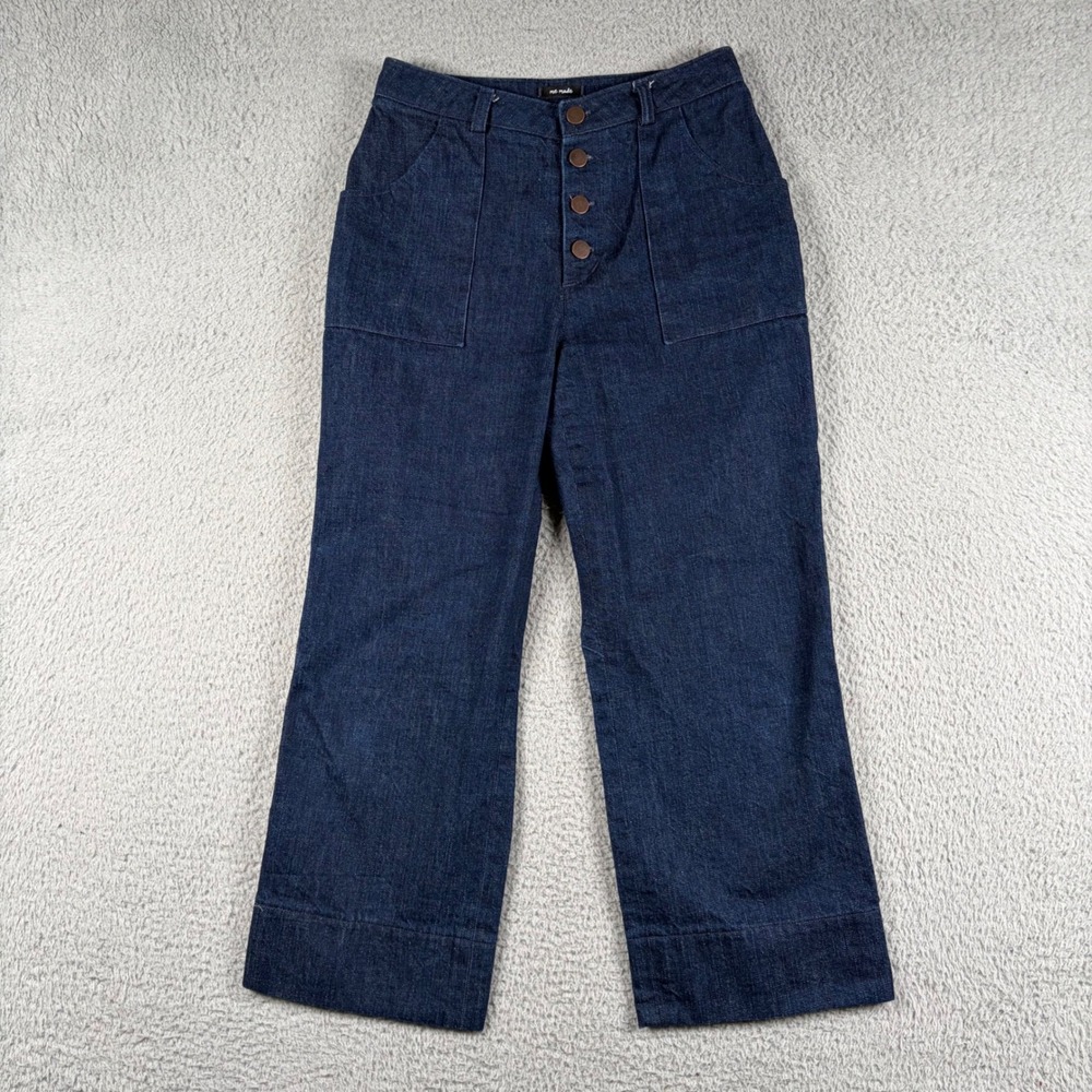 Me Made Indigo Blue Denim High Rise Button Fly Wide Leg Sailor Pants 27W Retro